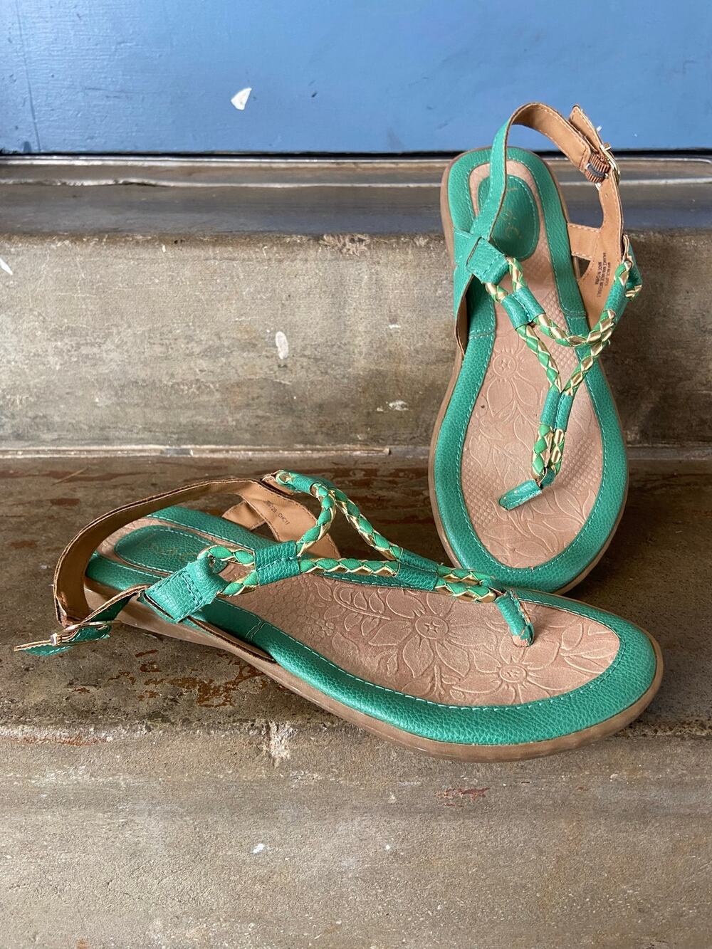 B.O.C Braided teal green and metallic gold t-strap thong sandal